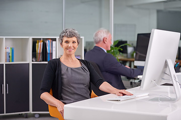 Image showing Woman, computer and portrait in office for online, career and profession for research and corporate. Mature person or HR manager and happy with tech for recruitment, website and business for work