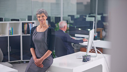 Image showing Business, mature and portrait of woman in office with male colleague, senior management or supervisor for corporate company. Person, technology and coworker in workplace, working and professional.