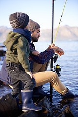 Image showing Outdoor, man and father with pole for fish to catch with son in nature, water and pond for bonding. Parent, male person and dad with kid for adventure in city of Cape Town for vacation and holiday