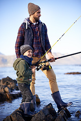 Image showing River, father and son with rod for fishing, water and nature for bonding of dad with boy together. Parent, male person and man with kid for adventure in countryside, happiness and smile of child