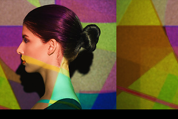 Image showing Abstract, surreal and profile of woman by color, art and pattern of shapes serious for creative career. Light, female person or lady by wall with face for cosmetics, beauty and skin care or treatment