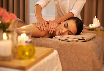 Image showing Relax, back massage and female person at salon, treatment and wellness for holistic care. Calm, peace and muscle tension relief with reflexology from therapist, beauty spa and masseur for body health