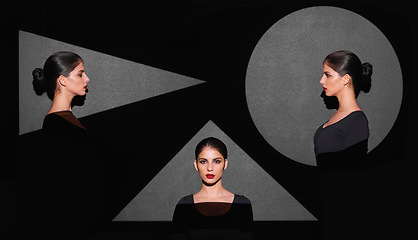 Image showing Spotlight, beauty and face of woman with shape of triangle, circle and on gray background. Female person, lady and collage light on gen z girl for cosmetics, skincare and makeup on studio backdrop