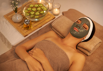 Image showing Skincare, relax and woman with face mask at spa for detox, smooth skin and cosmetic wellness. Luxury hotel, sleep and female person with beauty product for dermatology, collagen and natural facial