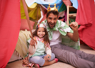 Image showing Portrait, play or dad with princess in home in a bedroom fort with crown costume, girl or parent. Family castle, happiness or smile with a king, father or an excited child in a dress up or sword game