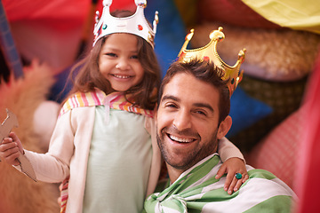 Image showing King, play or dad with princess in a portrait, home fort or family castle with crown costume or fun parent. Hug, happiness or smile with father, joy and an excited child for a dress up or sword game