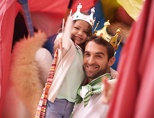 Image showing King, girl or dad with princess in a portrait, home fort or family castle with crown costume or fun parent. Play, happiness or smile with father, hug and an excited child for a dress up or sword game