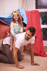 Image showing Piggyback, play or dad with princess in home in a bedroom fort with crown costume, girl or parent. Family castle, happiness or smile with father and an excited child in a portrait for a dress up game