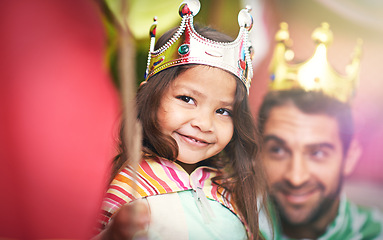 Image showing King, play or dad with princess or girl in home in a bedroom fort with crown costume or fun parent. Family castle, happiness or smile with father and an excited child for a dress up or sword game