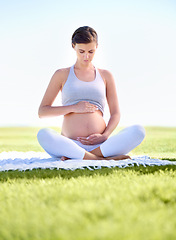 Image showing Pregnant woman, mom and yoga in park with stomach, health and fitness with prenatal workout for wellness. Pregnancy body, motherhood and exercise outdoor, pilates with belly and balance for self care