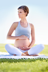 Image showing Pregnant woman, mom and yoga in park with belly, health and fitness with prenatal workout for wellness. Pregnancy body, motherhood and exercise outdoor, pilates with stomach and balance for self care