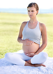 Image showing Pregnant woman, mom and yoga outdoor with stomach, health and fitness with prenatal workout for wellness. Pregnancy body, motherhood and exercise in park, pilates with belly and balance for self care