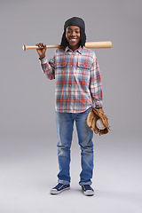 Image showing Baseball, portrait and child in a studio with game, sport and fitness gear with a smile of a kid. Youth, happy and African boy with modern, casual and hipster fashion with a workout glove and a teen