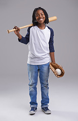 Image showing Baseball, portrait and black child in a studio with smile, sport and fitness gear with game of kid. Youth, happy and African boy with modern, casual and hipster fashion with glove and grey background