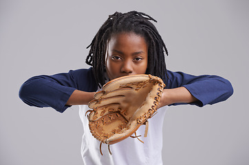 Image showing Sports, baseball and portrait of kid on gray background with glove for training, practice and match. Fitness, youth and young boy with equipment for exercise, playing games and competition in studio