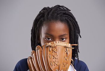 Image showing Sports, baseball and portrait of child on gray background with glove for training, practice and match. Fitness, youth and young boy with equipment for exercise, playing games and pitch in studio