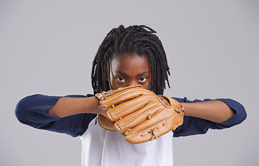 Image showing Sports, baseball glove and portrait of child on gray background for training, practice and match. Fitness, youth and young African boy with equipment for exercise, playing games and pitch in studio