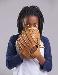 Image showing Sports, baseball and portrait of boy with glove on gray background for training, practice and match. Fitness, youth and young child with equipment for exercise, playing games and pitch in studio