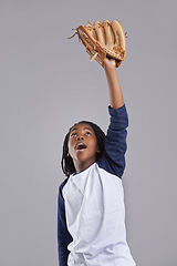 Image showing Sports, baseball and child on gray background with glove for training, practice and match. Fitness, youth and excited young boy with equipment for exercise, playing games and training in studio