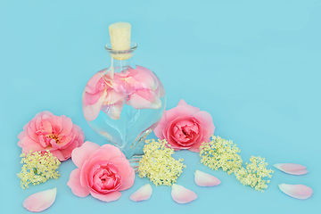 Image showing Rosewater for Skincare with Rose and Elderflower Flowers