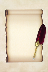 Image showing Parchment Paper Scroll with Vintage Brass Feather Quill Pen