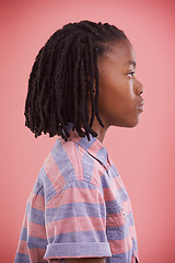 Image showing Thinking, profile and black boy kid in studio with why, questions or memory on red background. Planning, child development or African teen model with vision for solution, problem solving or insight