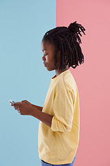 Image showing Phone, search and black child with social media, ebook or streaming cartoon on wall background. Smartphone, app or African teen boy online for Netflix and chill sign up, google it or internet gaming