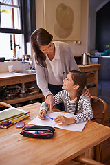 Image showing Studying, mother and daughter with books for help, advice and happy for homework with education. Mom, girl and notebook with drawing, notes and development with learning in kitchen at family house