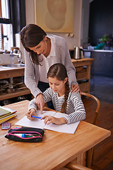 Image showing Studying, mother and daughter for writing with help, advice and check for homework with education. Mom, girl and notebook with drawing, notes and development with learning in kitchen at family house