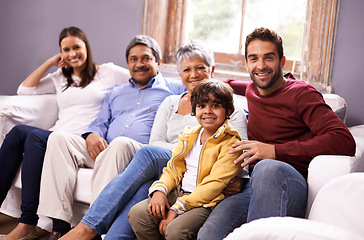 Image showing Portrait of grandparents, parents and child on sofa for bonding, relationship and relax together. Big family, happy and mother, father and young boy with seniors for holiday, vacation and weekend