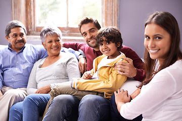 Image showing Portrait of happy grandparents, parents and child on sofa for bonding, relationship and relax together. Big family, home and mother, father and kid with seniors for holiday, vacation and weekend