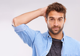 Image showing Thinking, doubt or portrait of man in studio with confused, gesture or reaction on white background. Why, hmm and face of male model with suspicious expression, body language or question sign