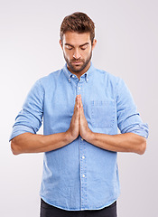 Image showing Man, praying and worship with faith in God, seek help and advice for guidance with hands together on white background. Spiritual, religion and gratitude with thanks, prayer and forgiveness with hope