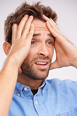 Image showing Stress, fear or sad man with hands on face in studio frustrated by fail, accident or mistake on white background. Anxiety, depression or guy model overthinking trauma, conflict or overwhelmed by loss