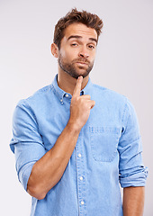 Image showing Thinking, portrait and man in studio with why, questions or brainstorming solution on white background. Idea, face and curious male model with problem solving memory, remember or reflection gesture