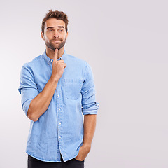 Image showing Thinking, planning and man in studio with why, questions or brainstorming solution on white background. Idea, doubt and curious male model with problem solving memory, remember or reflection gesture