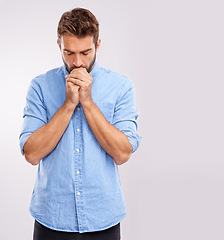 Image showing Man, praying and faith with hope for healing, praise and gratitude to God in religion on white background. Spiritual, prayer and forgiveness with help, advice and guidance for life and belief