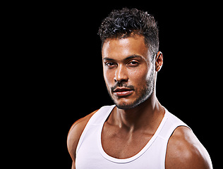 Image showing Fitness, confident and portrait of man on black background for exercise, training and intense workout. Bodybuilder, sports and face of serious person for performance, wellness and health in studio