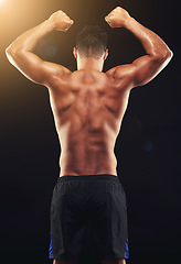 Image showing Fitness, back and man in studio with muscle, flex and workout routine for health, wellness and power. Strong, ripped athlete or bodybuilder on black background for exercise, results and muscular body