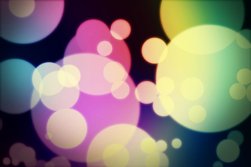 Image showing Bokeh, circle and colorful sparkle wallpaper with lights for abstract pattern, design or texture of a background. Lens flare of color, lighting or blur bubbles of element, glitter or effect at night