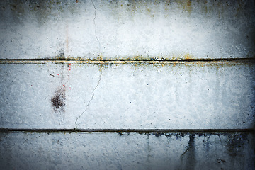 Image showing Concrete, wall and closeup on texture outdoor with detail of mold and moss on material of house siding. Vibracrete, building or wallpaper of surface and exterior panels in construction with no people