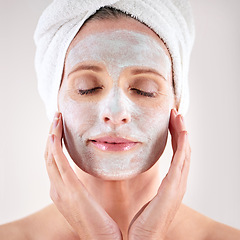 Image showing Spa, mask or woman in studio for facial or skincare routine with natural detox or cosmetics with towel. Model, female person or face with lotion for anti aging treatment or beauty on white background