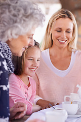 Image showing Women, girl and happy grandmother with tea for fun, generations in park together for bonding with love. Family time, mother and grandma and smile for summer garden picnic, cup or teapot for beverage