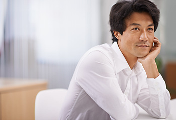 Image showing Thinking, idea and business Asian man in office for problem solving, brainstorming and solution. Professional, corporate worker and person wondering, thoughtful and planning for career, job and work