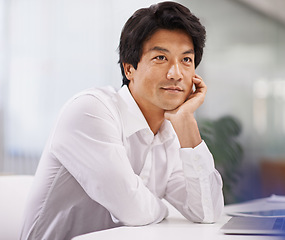 Image showing Thinking, brainstorming and business Asian man in office for problem solving, ideas and solution. Professional, corporate worker and person wondering, thoughtful and planning for career, job and work