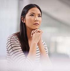 Image showing Asian woman, thinking and business with vision at office for career ambition, idea or choice. Female person or creative employee in wonder or thought for startup, decision or dream at the workplace