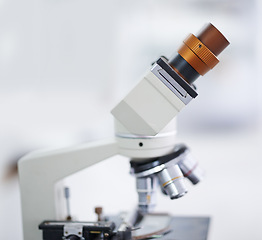 Image showing Microscope, laboratory and equipment for microbiology, chemistry or research on biotechnology. Empty room or interior of medical or scientific tool for discovery, magnifying or microscopic organisms