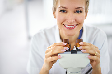 Image showing Happy woman, portrait and microscope for forensic science, biology or chemistry at clinic lab. Face of female person or medical research expert with smile for healthcare exam or experiment laboratory