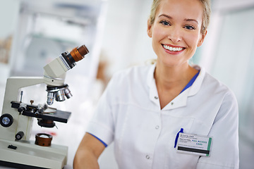 Image showing Happy, microscope or portrait of scientist or woman in laboratory for research, medical analysis or test. Smile, investigation or proud science expert with solution for future development or results