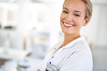 Image showing Happy woman, portrait and scientist with confidence for research, healthcare or discovery at laboratory. Face of female person or medical employee with smile for science, chemistry or biology at lab